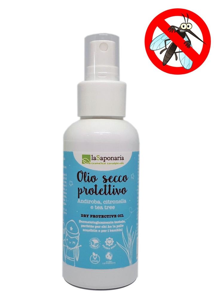 protection naturelle anti moustique insectes répulsif bio huile protectrice olio secco prottetivo la saponaria anti zanzare, protection 100% minérale Haute protection UVA/UVB, indice SPF 30, anti age, protection du visage corps enfants bébé peaux blanches claires d'hydratation, vegan bio erbe di janas phitofilos