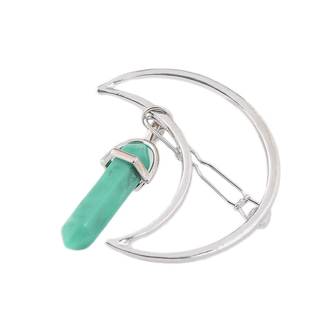 Barrette Croissant de Lune argent et pierre verte
