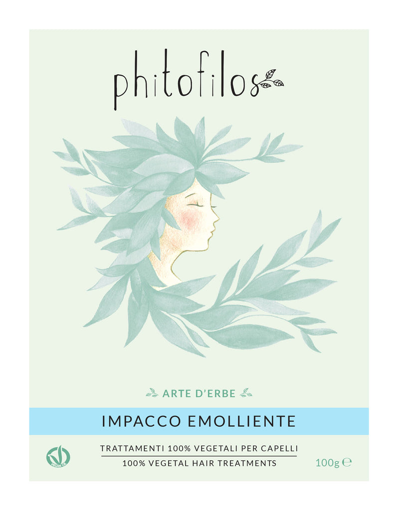 Phitofilos, impacco emolliente, masque, soin capillaire, nourrissant, hydratant, cheveux secs, ternes, cassants, fragilisés, cheveux nourrir, hydrater, doux, brillant, lisse, masque plante, naturel, végéral, vegan, bio, guimauve, avoine, luzerne, lin, douceur, réparer, boutique, poudre, soigner, coloration, henne
