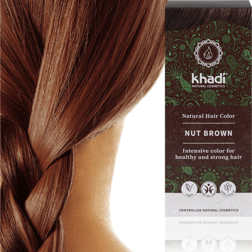 coloration Khadi marron châtain foncé, intense, Noisette naturel, brun, cheveux châtain moyen et Noir sur les bases foncées, brun, brune, marron foncé, couvre cheveux blancs, coloration végétale 100% naturelle, bio, vegan, henne, henné, soin cheveux, teinture bleue, noir, couverture cheveux gris, logona, indigotier