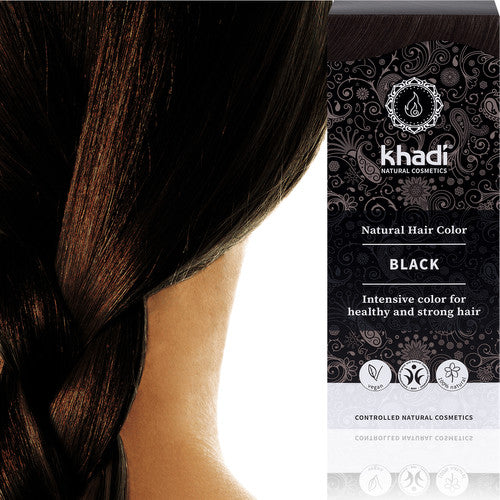 coloration Khadi noir intense profond, Noir Froid, bleu et bleuté, cheveux châtain moyen et Noir Bleuté sur les bases foncées, brun, brune, marron foncé, couvre cheveux blancs, coloration végétale 100% naturelle, bio, vegan, henne, henné, soin cheveux, teinture bleue, noir, couverture cheveux gris, logona, indigotier