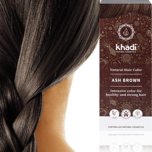 coloration Khadi marron châtain foncé, cendré ash brown, intense, Noir Froid, brun, cheveux châtain moyen et Noir Bleuté sur les bases foncées, brun, brune, marron foncé, couvre cheveux blancs, coloration végétale 100% naturelle, bio, vegan, henne, henné, soin cheveux, dark brown, noir,