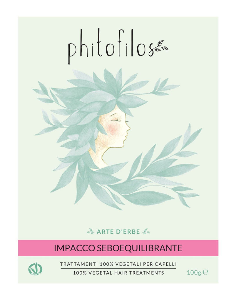 Phitofilos, impacco sebo equilibrante, sébo équilibrant, masque, soin capillaire, nourrissant, hydratant, cheveux gras, pellicules, démangeaisons, problèmes, eczéma, peau grasse, acné,  masque plante, naturel, végéral, vegan, bio, henne neutre, quinquina, tussilage, astringent, pore, bouton, purifier, détox