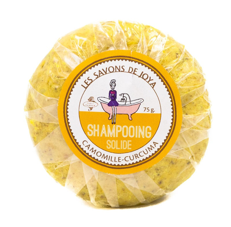 Shampoing solide les savons de joya pour cheveux blonds, châtain clair, reflet dorés, curcuma et camomille, éclaircir, éclaircissement, en forme de galet, 100% naturel, écologique. Vegan et Bio sans huiles essentielles, soin capillaire, sec, bio, vegan, masque, biologique, savon, plante, karite, coco, après shampoing