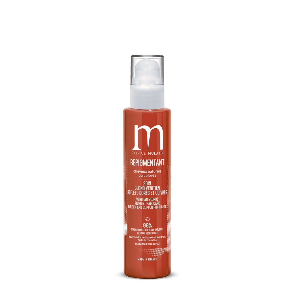 Patrice Mulato Cosmetics, blond vénitien, soin repigmentant, shampoing repigmentant, masque, soin cheveux, coloration naturelle, rouge cerise venise, ocre havane, sienne brûlée, blond vénitien, ombre naturelle, terre bleue, pourpre phénicien, violet, violine, henne, entretenir le roux, cheveux rouges, roux, vegan, cuiv…